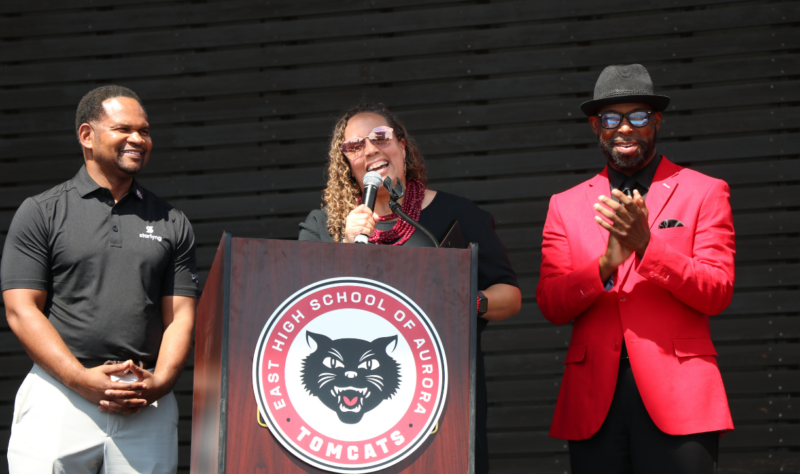 City of Aurora Mayor Richard C. Irvin, Superintendent of Schools, Dr. Jennifer Norrell, and City of Aurora Director of Communications, Diversity and Equity Clayton Muhammad