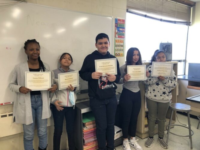 Team 7B October 2021, Students of the Month (from left to right) Leona Wilson, Beverly Flores, Aram De Luna Andrade,  Kassandra Ojeda and Gina Reyes Nunez